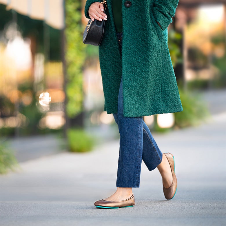 metallic bronze tieks styled for fall